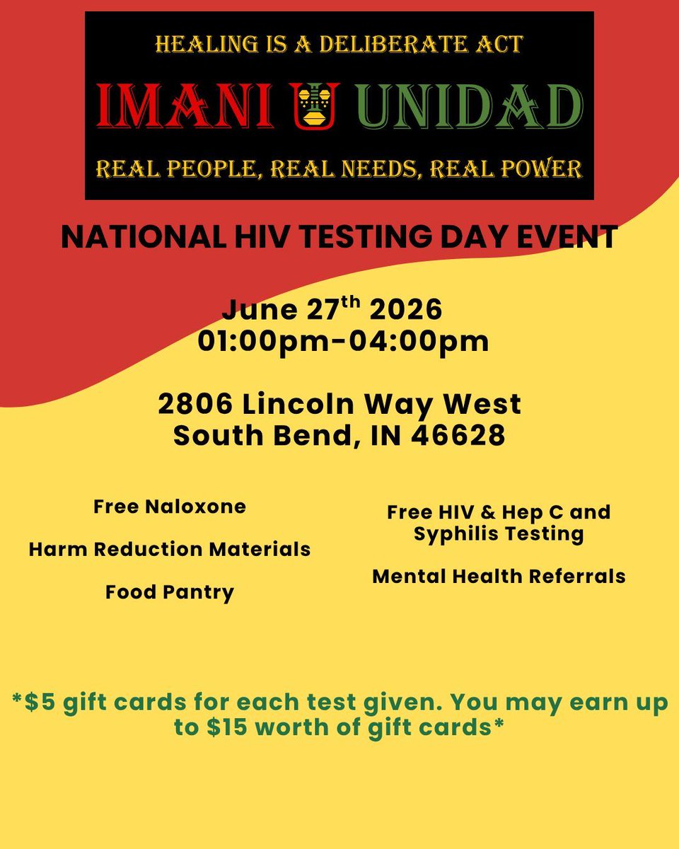 ImaniUnidad's tweet photo. #NationalHIVTestingDay

Imani Unidad National HIV Testing Day Event

Date: June 27, 2026
Time: 1:00pm-4:00pm
Where: 2806 Lincoln Way West
             South Bend, IN 46628 https://t.co/X11thMkrRx