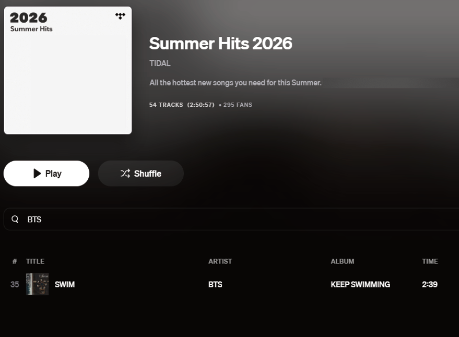 ARMYonTidal's tweet photo. 'Swim' was added to @TIDAL's 'Summer Hits 2026' playlist at #35!

Listen to 'SWIM' from this playlist. Engaging can encourage #BTS adds in more curated playlists!

Summer Hits 2026:
🎧https://t.co/HwRbwdf4yc

#ARMYonTidal #BTS_SWIM https://t.co/jO84HDvLoJ