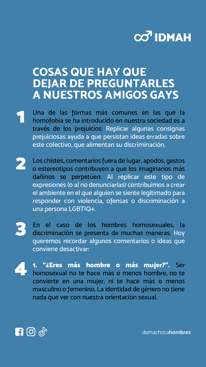 machosahombres's tweet photo. Cosas que hay que dejar de preguntarles a nuestros amigos gays

¿Qué otros estereotipos sobre la homosexualidad debemos desactivar? Cuéntanos tus consejos o experiencias en los comentarios.

#demachosaHOMBRES #PrideMonth #DiaDelOrgullo #MasculinidadConsciente #RespetoLGBT https://t.co/nNplq7kIMz