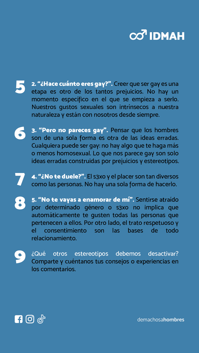 machosahombres's tweet photo. Cosas que hay que dejar de preguntarles a nuestros amigos gays

¿Qué otros estereotipos sobre la homosexualidad debemos desactivar? Cuéntanos tus consejos o experiencias en los comentarios.

#demachosaHOMBRES #PrideMonth #DiaDelOrgullo #MasculinidadConsciente #RespetoLGBT https://t.co/nNplq7kIMz
