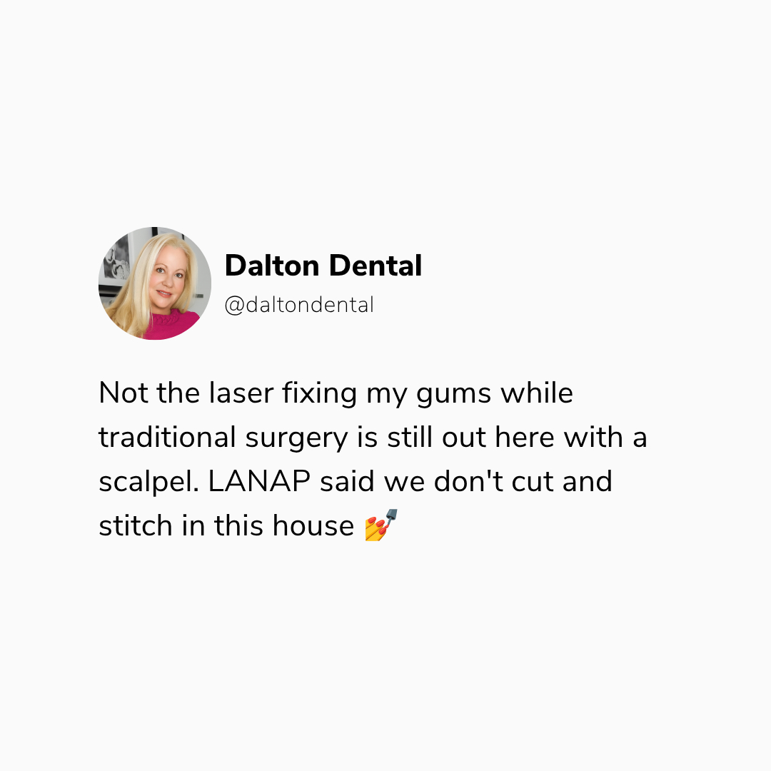 daltondental's tweet photo. Not the laser making scalpels look outdated

#dentistry #lanap #thepinkdentist #fyp #periodontist https://t.co/2sj8CxJCw4