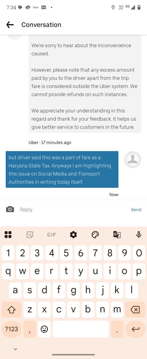nacsharma's tweet photo. @Uber_India @nitin_gadkari This is the response I get when driver asks extra fare as state tax over and above displayed...this is cheating https://t.co/4o9oQWW58L