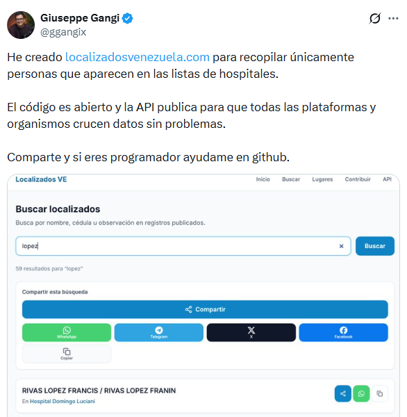 eldiario's tweet photo. #26Jun | Giuseppe Gangi (@ggangix), ciberactivista, creó la página https://t.co/HKPnI9U5hn para recopilar datos de personas que aparecen en las listas de hospitales de Venezuela tras los terremotos del #24Jun.

"El código es abierto y la API pública para que todas las plataformas y organismos crucen datos sin problemas", explicó.