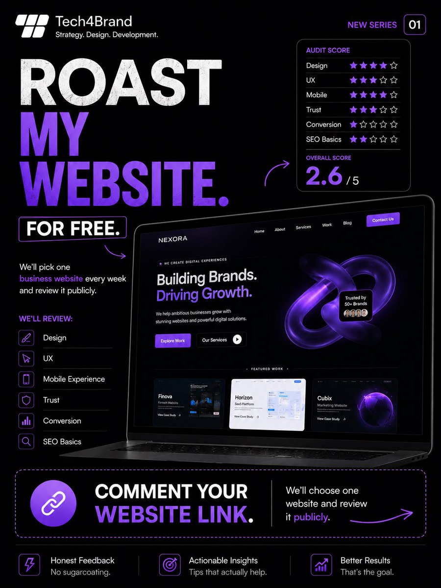 Tech4Brand's tweet photo. 🚨 WEBSITE TEARDOWN #01

Drop your website below.

We’ll pick ONE and review it publicly.

We’ll score:
• Design
• UX
• Mobile
• Trust
• SEO
• Conversion

No fluff.
Just honest feedback that helps you get more leads.

#WebDesign #WebsiteAudit #Tech4Brand https://t.co/9NC7A1jsj8