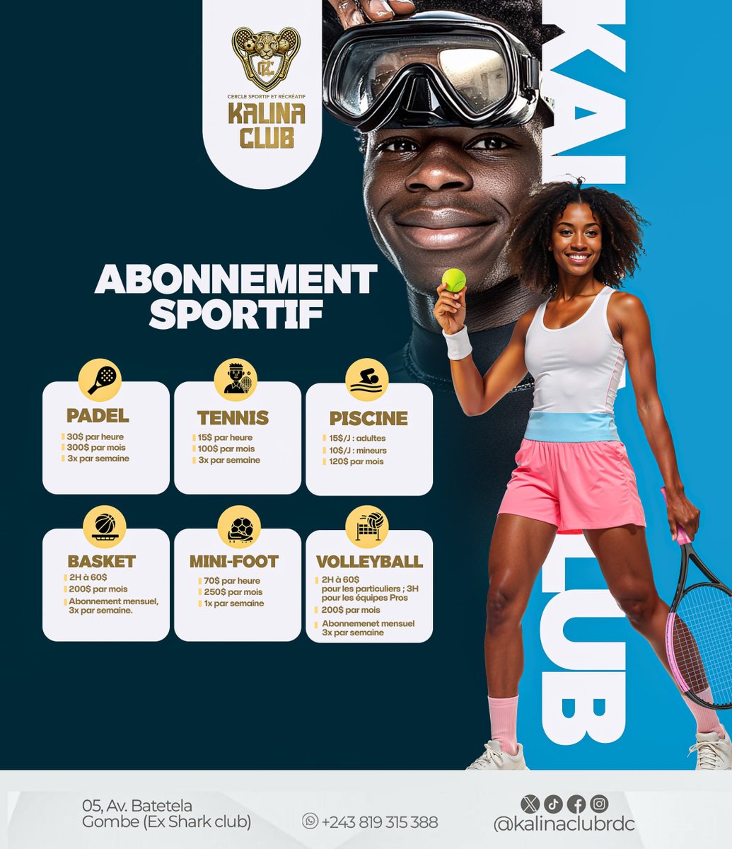 kalinaclubrdc's tweet photo. Vivez le sport autrement au Kalina Club ! Envie de pratiquer votre sport favori dans un cadre moderne? Kalina Club vous propose des abonnements adaptés à tous les passionnés de sport.

✅ Tennis
✅ Padel
✅ Piscine...

https://t.co/5bi0h2pD7f
#kalinaclub #sport #tennis #pricing https://t.co/mSow6qSX8B