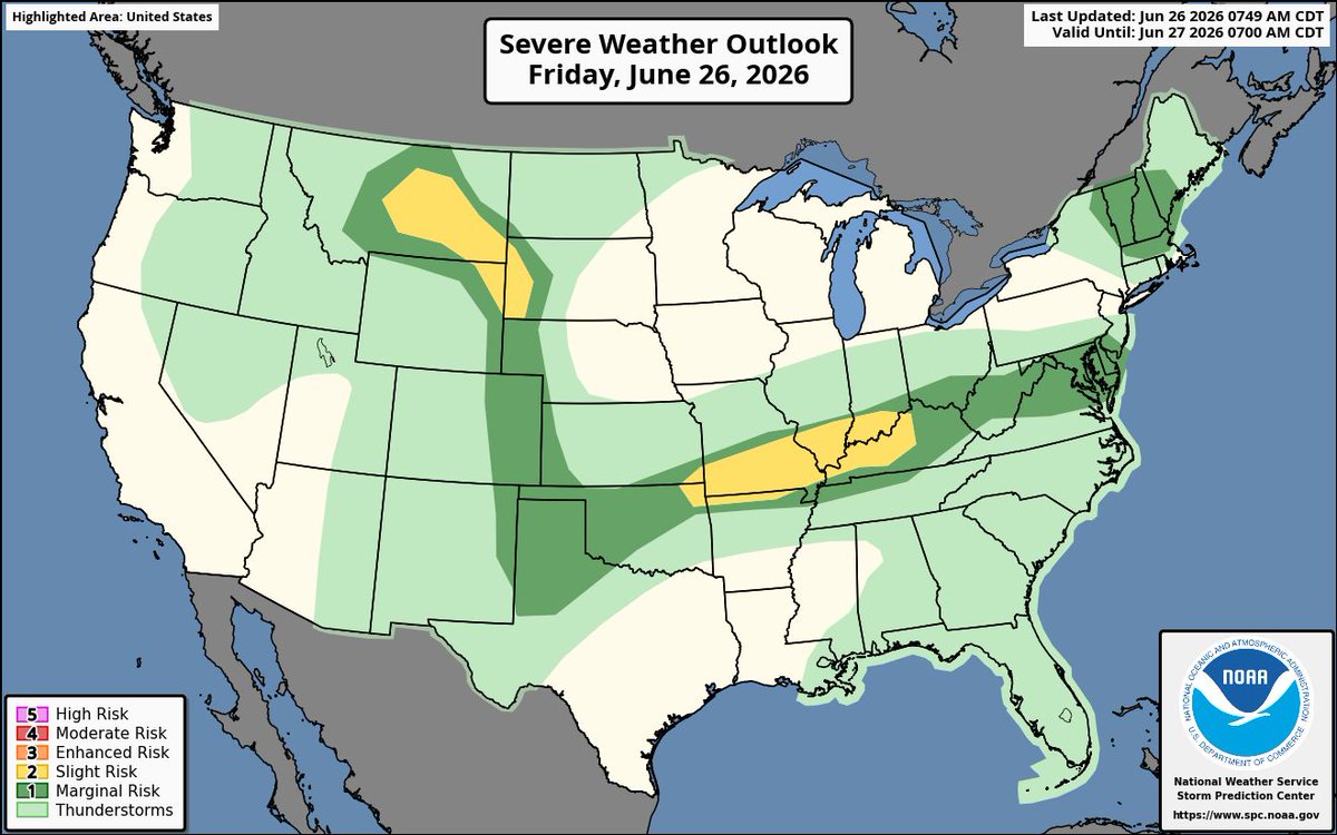 National Weather Service Severe Weather Outlook map for Friday, June 26, 2026, highlighting areas across the United States with potential thunderstorms and severe weather risk. Two Slight Risk (yellow) areas are shown: one centered over parts of western Montana into northern Wyoming, and another stretching from eastern Kansas and Missouri into southern Illinois and western Kentucky. Broader Marginal Risk (dark green) areas surround these regions, extending across much of the central Plains, Rockies, Mid-Mississippi Valley, and Ohio Valley. General thunderstorm potential (light green) covers large portions of the western U.S., central U.S., Gulf Coast, Southeast, Mid-Atlantic, and Northeast, including northern New England. No enhanced, moderate, or high risk areas are indicated. The map suggests scattered thunderstorms capable of isolated severe weather, with the greatest concern focused in parts of the northern Rockies and lower Midwest.