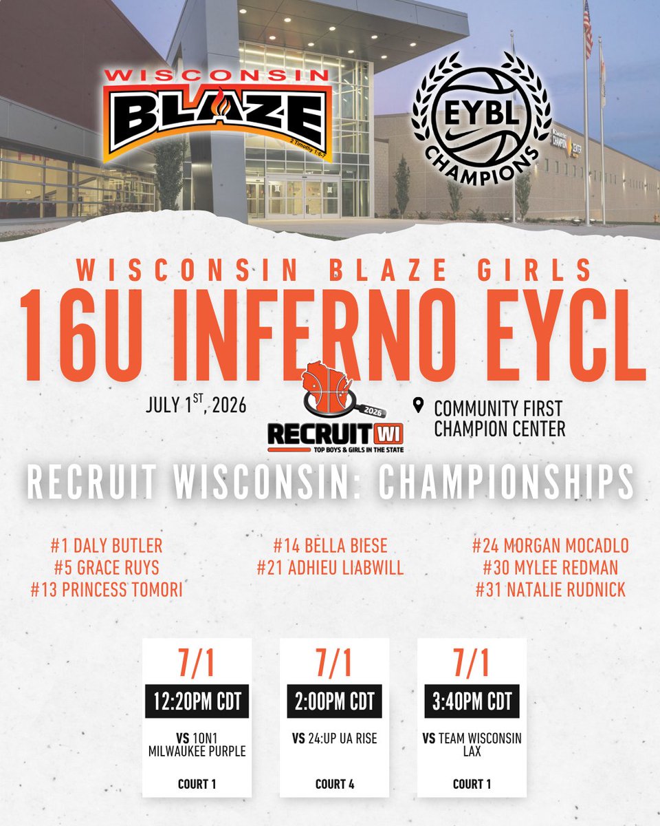 WisconsinBlaze's tweet photo. Schedules for our Inferno teams at the Recruit Wisconsin tournament on Wednesday! https://t.co/KfVWEdSsRn