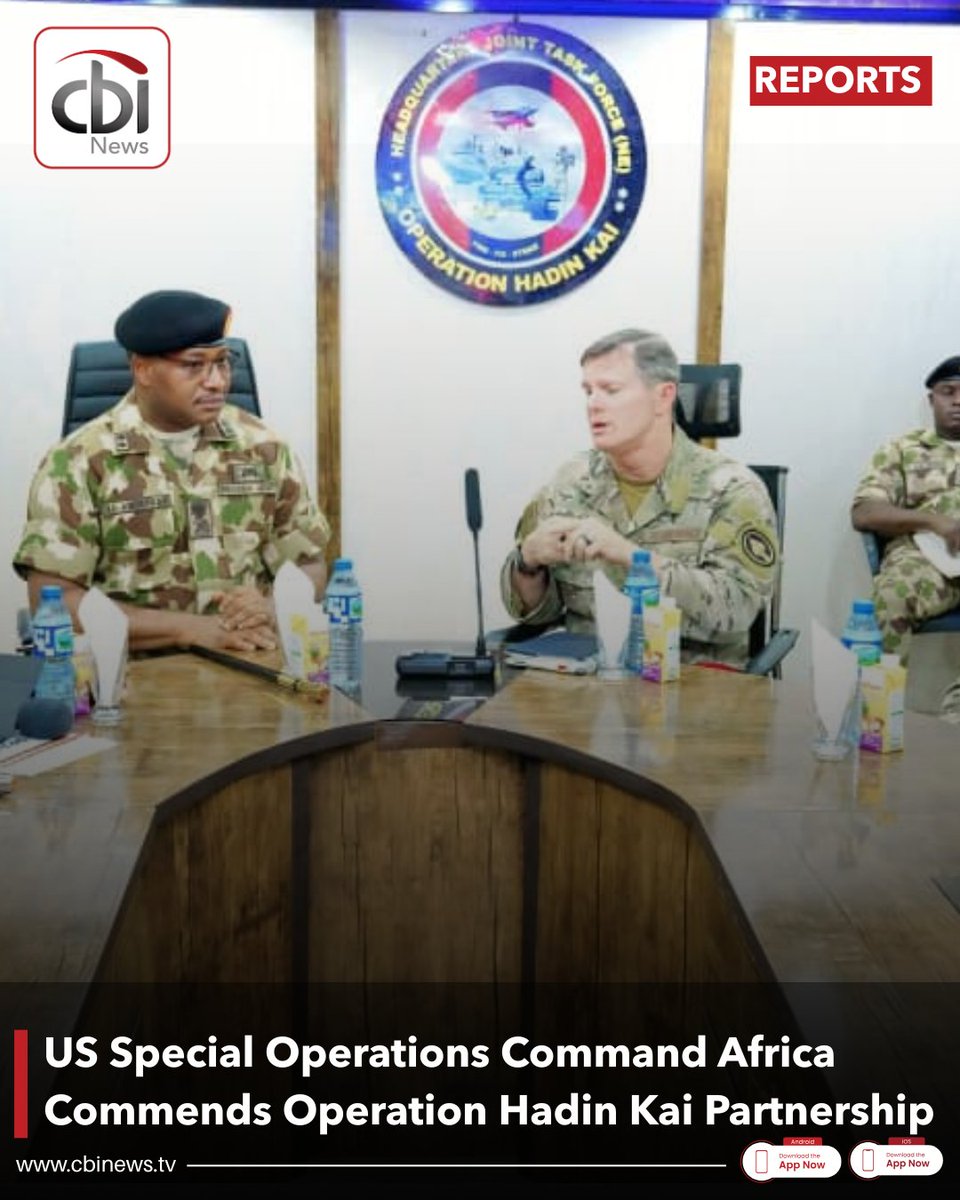 cbinewstv's tweet photo. The United States Special Operations Command Africa (SOCAFRICA) has praised Operation Hadin Kai for its strong partnership and operational progress in the fight against insurgency in Nigeria's North-East.

During a visit to the Theatre Command Headquarters in Maiduguri, SOCAFRICA Commander, Major General Claude Tudor, described the collaboration as a model for effective military partnership and reaffirmed the United States' commitment to supporting Nigeria through enhanced security cooperation.

Both countries reaffirmed their commitment to strengthening security cooperation to combat terrorism and promote lasting peace in the region.

#CBINewsTV #Nigeria #Security #OperationHadinKai #US #CounterTerrorism