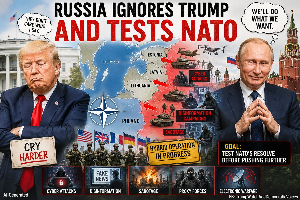 TrumpTrackerHQ's tweet photo. #Russia is so unfazed by #Trump that it appears to be ignoring him. So much so that it's reportedly preparing a hybrid operation against #NATO's eastern flank, with the Baltic states or Poland seen as possible targets. Intelligence officials believe the goal is simple: test NATO. https://t.co/3W7C8ZvejX