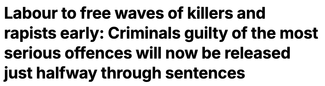 BackBrexitBen's tweet photo. Labour has found prison space for political protesters, social media offenders and people who say the "wrong thing" online.

But killers, rapists, paedophiles and violent criminals? Apparently they need to be released early.

Victims were promised justice. Now they are being betrayed.