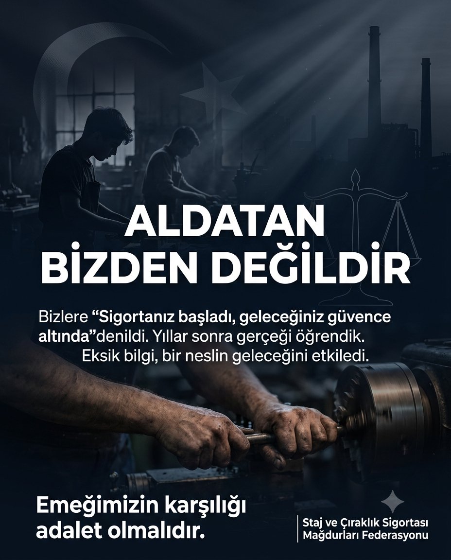 CirakStajFED's tweet photo. 1) Aldatan Bizden Değildir! ⚖️
@myksosyalmedya
@B_Palandoken
@Tisk_kurumsal
@iloankara
@MUSIAD
@sgksosyalmedya
@IKGPRO
@EUDelegationTur
@IMEP_VET4JOB 
@deikiletisim
@Akparti
@MHP_Bilgi
@herkesicinCHP
@iyiparti
@YeniYolTBMM
@SaadetPartisi
@GelecekPartiTR
@devapartisi
@_DemokratParti
@rprefahpartisi
@anahtarparti
@zaferpartisi
@bbpgenelmerkez
@DSPGenelMerkez 
@BTP_Parti
@ATOkurumsal
@itokurumsal
@ASOKurumsal
@iztokurumsal
@ticaret
@TCSanayi
@adalet_bakanlik
@TCKulturTurizm
 BİR NESLİN EMEĞİ GÖRMEZDEN GELİNDİ!

40 Yıldır Adalet VeÇözüm Bekliyoruz!

Bağlı bulunduğumuz Türk gelenek, örf ve adetlerimiz; asırlardır bu topraklarda yeşeren ahilik geleneğinin temel direkleri olan doğruluğu, dürüstlüğü ve güvenilirliği şiar edinmemizi; hakikati ve adaleti terazimizden hiçbir zaman eksik etmememizi bizlere öğütlemiştir.

İşte bu köklü anlayıştan hareketle Federasyonumuz, hak arama mücadelesinde dürüstlüğü ve şeffaflığı temel ilke edinmiştir. Ancak, çıraklık ve staj dönemlerimizde bizlere "Sigortanız başladı, geleceğiniz güvence altında" diyerek güven veren; fakat gerçekte yalnızca kısa vadeli sigorta kapsamında bırakan öğretmenlerimiz, okul idarecilerimiz, Milli Eğitim ve Çalışma Bakanlığı yetkililerimiz, Sosyal Güvenlik Kurumu gibi kurumlar, verdikleri sözün arkasında durmamış, bizleri bilinçli veya bilinçsizce yanıltmışlardır.

Bugün bu tabloyu ortaya koyarken amacımız kimseyi suçlamak değil, yaşanan hak kaybının tescilini sağlamak ve benzer mağduriyetlerin gelecekte tekrarlanmaması için gereken adımların atılmasını sağlamaktır.

Aldatan anlayışa karşı, doğruyu ve adaleti tesis etmek için buradayız.

80'li yılların çıraklık ve staj döneminden bahsediyoruz. Yeterli imkanların olmadığı, E-devlet sisteminin bulunmadığı, dijital ortamın ve bilgiye erişimin kısıtlı olduğu bir dönemde aslında sizden tek isteğimiz vardı: Eksik olan bilgiyi tamamlamanız. Verilen sigorta kartlarına ve yapılan çıraklık ve staj sözleşmelerine, "Bu belge yalnızca kısa vadeli sigorta kolları kapsamına aittir, uzun vadeli sigorta kolları haklarına tabi değildir" gibi açık ve anlaşılır bir ibarenin konulmasıydı. Böylece bizler, başlangıçtan itibaren hangi haklara sahip olduğumuzu bilerek hareket edebilirdik. Bu basit ama hayati bilgi bizden esirgenmiş, yıllar sonra gerçeği öğrendiğimizde ise iş işten geçmişti.

GÖRÜNMEZ KILINAN EMEĞİMİZ VE ÜRETİMDEKİ YERİMİZ

Bizler, çıraklık ve staj dönemlerimizde atölyelerde, işletmelerde, fabrikalarda ve sanayinin merkezinde sadece teorik bir eğitim almadık; doğrudan üretim zincirinin dişlilerinden biri olduk. Tam zamanlı personellerle aynı mesai saatlerini paylaştık, aynı yoğunlukta ter döktük ve amirlerimize bağlı olarak bilfiil üretim sürecinde yer aldık. Ancak o günlerdeki fiili varlığımız hukuki statümüze yansıtılmadı. 3308 sayılı Kanun kapsamında sadece kısa vadeli sigorta kollarına dahil edildik ve ne yazık ki uzun vadeli sigorta kolları açısından başlangıcımız sayılmadı.

14-16 YAŞLARINDA OMUZLANAN AĞIR YÜKLER

Haftanın bir günü okul, beş günü işyerinde fiilen çalışarak geçen kayıp yıllar ve emek!

Bizler sanayinin tozunu yutmaya, o ağır üretim koşullarıyla ve mesleki risklerle yüzleşmeye henüz 14-16 yaşlarındayken başladık. O gencecik omuzlarımıza yüklenen sorumluluklar, birçoğumuzun hayatında bugün bile taşıdığı fiziksel ve ruhsal derin izler bıraktı. Bizler o yaşlarda sadece meslek öğrenmedik; memleketin üretim gücüne can suyu verdik. Bu uğurda meslek lisesi, memleket meselesi, vatan meselesi dediğimiz yerde birçok arkadaşımız, meslektaşımız sakat kaldı, hayatını kaybetti. Bunun örnekleri hala günümüzde de yaşanmaktadır. Alınan riskin, verilen çabanın sadece "öğrenci" tanımıyla geçiştirilemeyeceği, yaşanan iş kazalarında ve kaybedilen canlarda açıkça bellidir.

Aldatan Bizden Değildir

Kısa Kol Sigortaya
#StajyerçırağıMahkumEttiniz