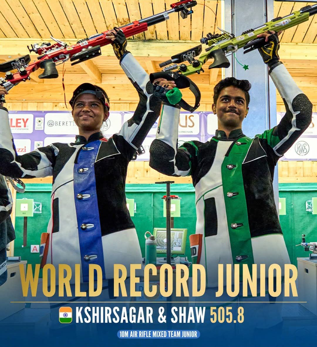 TopGunIndia's tweet photo. 👏 Congratulations to Shambhavi Kshirsagar and Abhinav Shaw 🇮🇳 on winning Gold with World Record (505.8) in 10m Air Rifle Mixed Team at the ISSF Junior World Championship in Suhl, Germany. Wishing both champions continued success in the competitions ahead! 👍 https://t.co/ACEL4emn2U