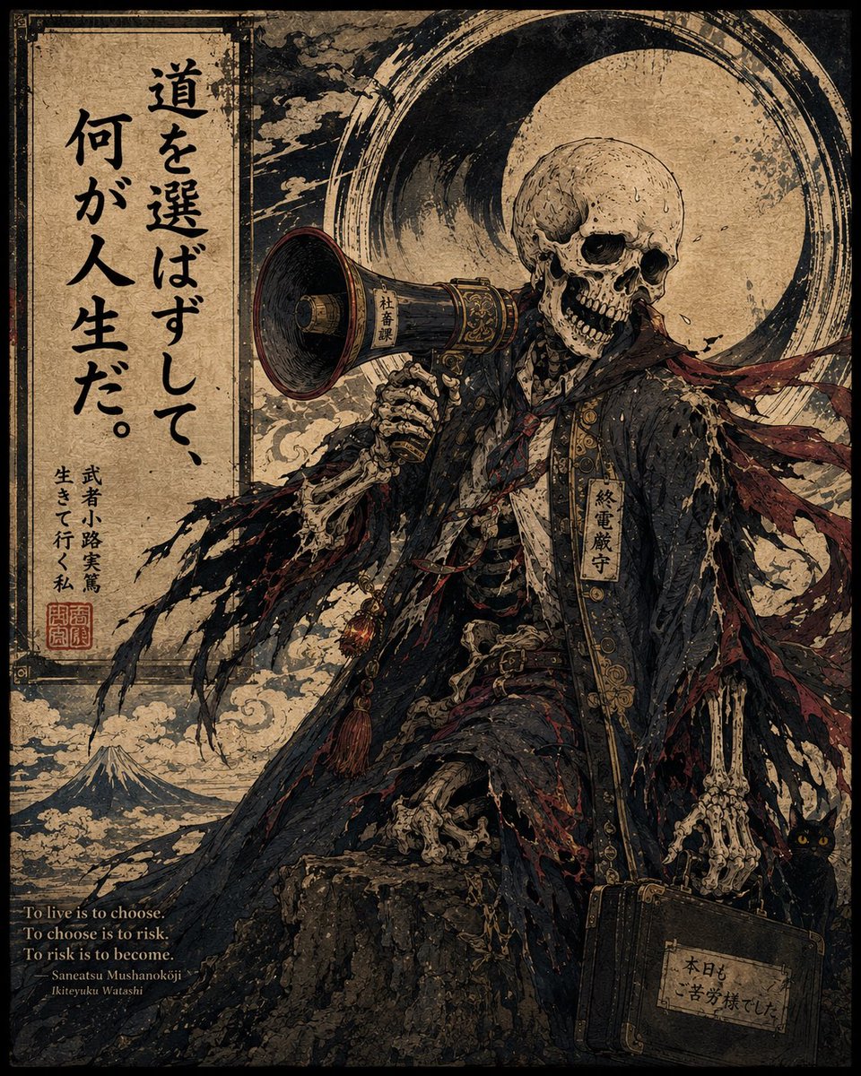Ukiyo-e Skeleton Salaryman Quote Poster