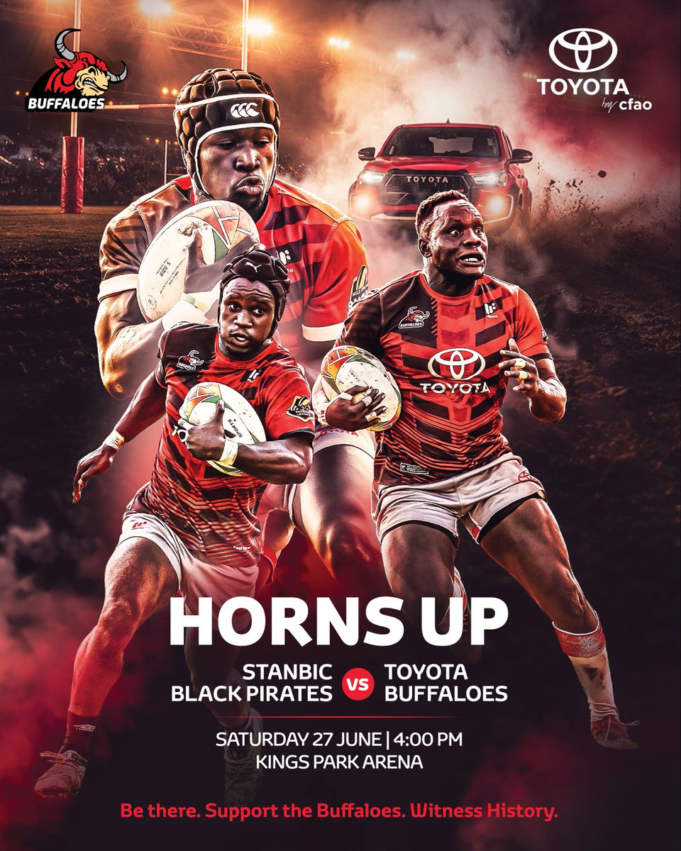 Toyota_UG's tweet photo. After 13 years away from the biggest game of them all, the Toyota Buffaloes have earned their place back in the #UgandaRugbyPremiership Final. 🏆

Now it’s time to finish the job.

🏉 @BuffaloesRFC vs @piratesrugbyUG 
📍 Kings Park Arena
⏰ Saturday | 4:00 PM

#ToyotaBuffaloes #FearTheBuffalo 🐃