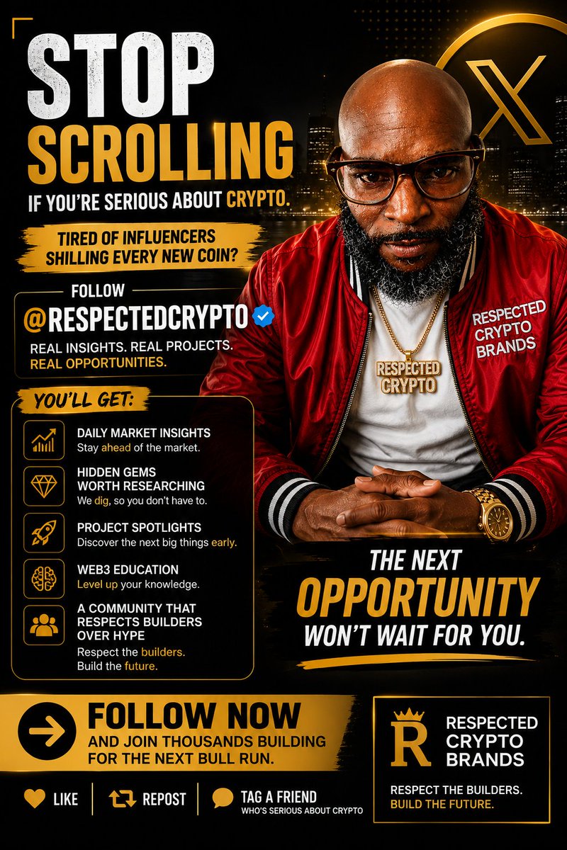 RCryptoBrands's tweet photo. 🚨 STOP scrolling if you're serious about crypto.

If you're tired of influencers shilling every new coin...

Follow @RespectedCrypto.

You'll get:
📈 Daily market insights
💎 Hidden gems worth researching
🚀 Project spotlights
🧠 Web3 education
🤝 A community that respects builders over hype
The next opportunity won't wait for you.
Follow now and join thousands building for the next bull run.
❤️ #Like • 🔁 #Repost • 💬 #Tag a friend who's serious about crypto.
#Bitcoin #Crypto #Ethereum #Solana #Web3 #Altcoins #CryptoCommunity #RespectedCryptoBrands