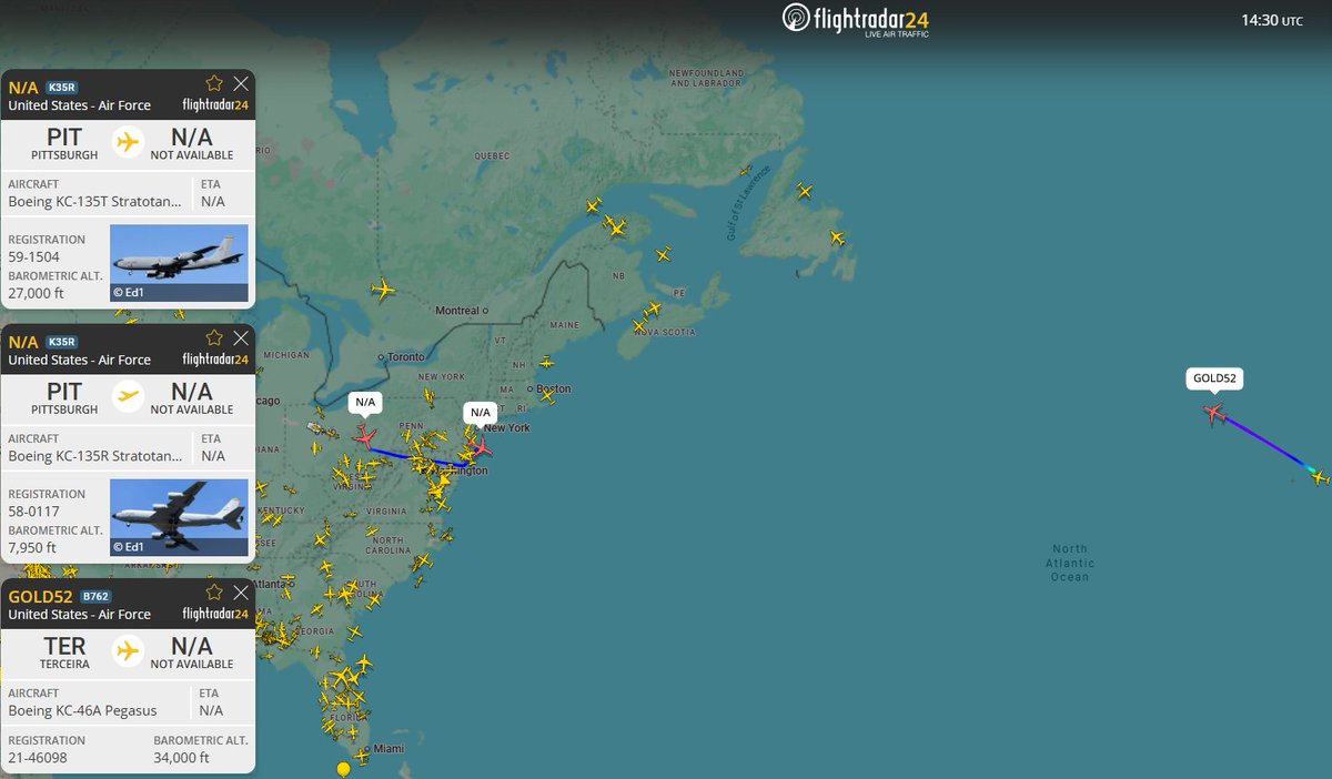 AUX_OSINT's tweet photo. #Coronet East 072 in progress:
MAZDA11 flt checking in with Atlantic City ATC
2x KC-135R/T and 2x KC-46A as tanker support:
#AE0501 - 59-1504 - GOLD41 (RT KPIT)
#AFA175 - 19-46111 - GOLD42 (RT LPLA)
#AE047B - 58-0117 - GOLD51 (RT KPIT)
#AE63CE - 21-46098 - GOLD52 (RT LPLA) https://t.co/cEj0c4pmot