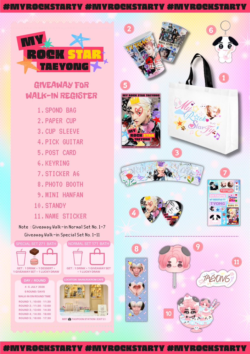 TaeyongTYONG's tweet photo. 💫2026 Taeyong Birthday Cafe 🌹🎸✨

˖ ࣪⊹ ִֶָ ♡⊹ ˑ #MyRockstarTY 🎧⚡️✨

🩷 Day : 4-5 July 2026

Details For Walk-in Register
( Everyone can walk-in to join our cafe project )

📌Location : @baanrukromcafe 
🚇 MRT Taopoon Exit 2

#TAEYONG #태용 #テヨン #เเทยง
#HAPPYTAEYONGDAY https://t.co/xWqnHQdCWj