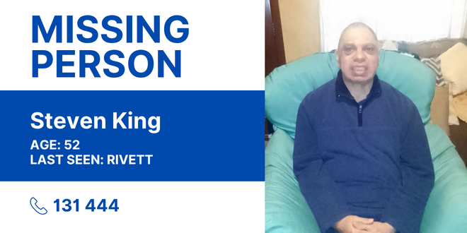 ACTPolicing's tweet photo. ACT Policing is seeking the public’s assistance to locate missing 52-year-old man Steven King.   
 
Steven has not been seen or heard from since 3pm yesterday afternoon and was last seen leaving his home in Rivett. Steven has an intellectual disability and is non-verbal.  
 
He is described as Caucasian in appearance and has short, shaved hair. He was wearing black jeans, a blue top and a dark grey hoodie as well as distinctive dark, velcro style sneakers. Steven frequents areas in the Weston Creek and Woden districts and is likely to be on foot.  

Anyone who has seen Steven since 3pm yesterday is urged to contact ACT Policing on 131 444. Please quote reference number P2462703. 

More: https://t.co/xPQA3UrX08