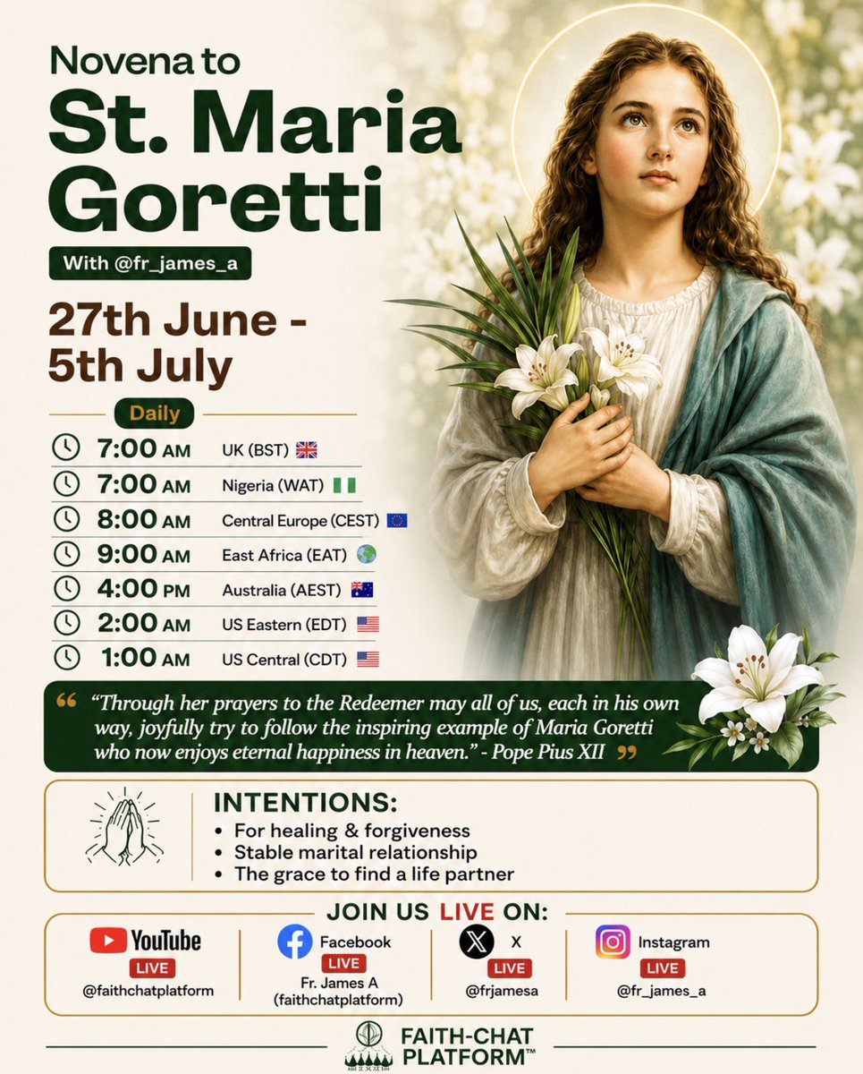 frjamesa's tweet photo. Friends, join me for this special Novena to St. Maria Goretti from tomorrow 27th June – 5th July as we seek God’s grace through the prayers of this courageous young saint.

Together, let us pray for healing and forgiveness, stable marriages, and the grace to find a life partner.

No matter how impossible your situation may seem, God is still at work.

See the poster for daily times in your region. I look forward to praying with you.

#StMariaGoretti #Novena #FaithChatPlatform