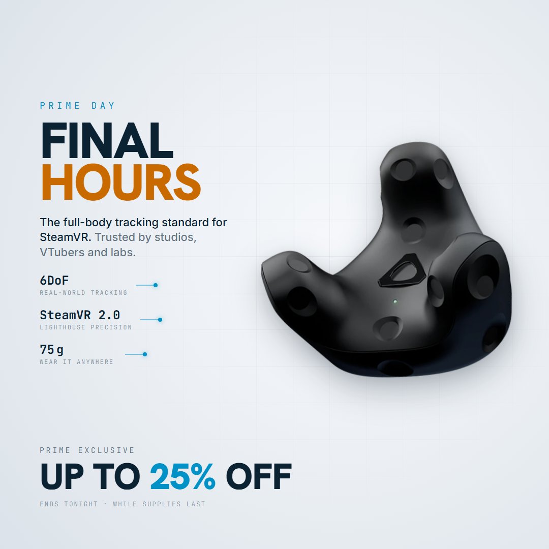 htcvive's tweet photo. Prime day is almost over! 
Save up to 25% off on Tracker 3.0, Base Station 2.0 &amp; Ultimate Tracker 3 Pack + Dongle
Did you secure your deals yet? 

US Only - While Supplies Last 

| @primegaming | #primeday #sale #amazonprime | 

https://t.co/9igcO90yIO https://t.co/T9KAAzcIJV