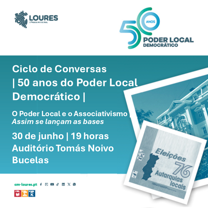 JFBucelas's tweet photo. A Câmara Municipal de Loures convida a participar no Ciclo de Conversas – 50 Anos do Poder Local Democrático a realizar no dia 30 de junho às 19 horas no Auditório Tomás Noivo, em Bucelas.
O tema será o Poder Local e o Associativismo | Assim se lançam as bases. https://t.co/dFypVqE2wL