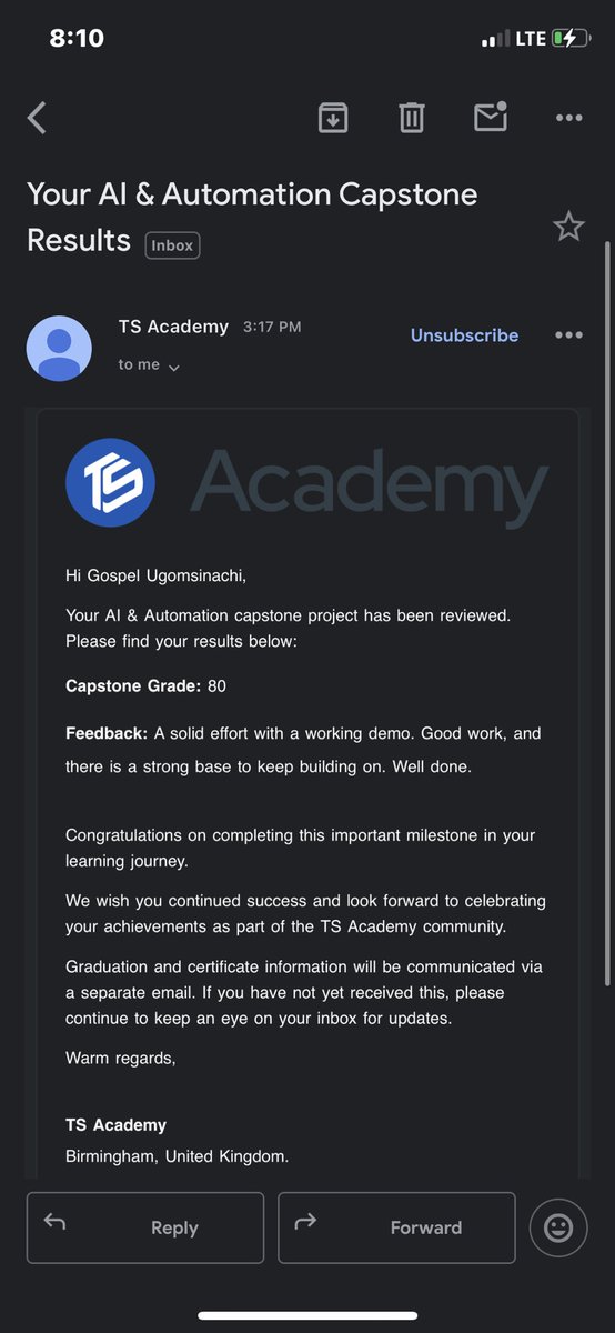 Nachi_sam's tweet photo. From curiosity to capability.
A few months ago, AI automation was something I wanted to understand. Today, I've successfully completed my AI &amp; Automation Capstone Project @TSphereOnline , earning a score of 80%. 🎉
This journey challenged me to think differently❤️. https://t.co/m1ylVxg9Aq