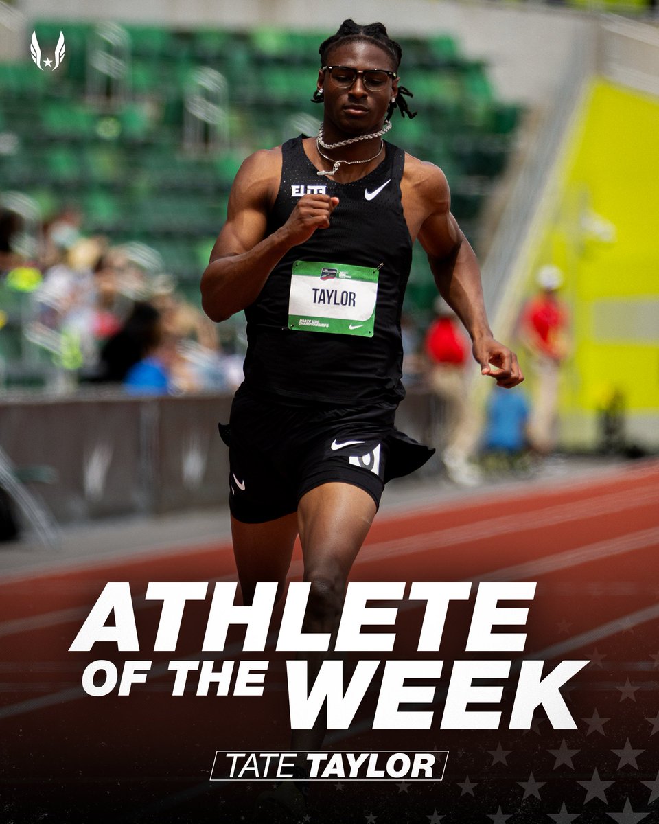 usatf's tweet photo. Winning the men’s 100m and 200m at the USATF U20 Championships, @Tate_KTaylor earned recognition as the 23rd USATF Athlete of the Week award winner for 2026 🏅 

Two weeks after breaking the national high school record at the USATF Lone Star Grand Prix, Taylor won the 100m at the #USU20Champs, and added the 200m title the next day with a stunning 19.94 that moved him to No. 4 on the all-time world U20 performer list and No. 2 on the U.S. list 🇺🇸