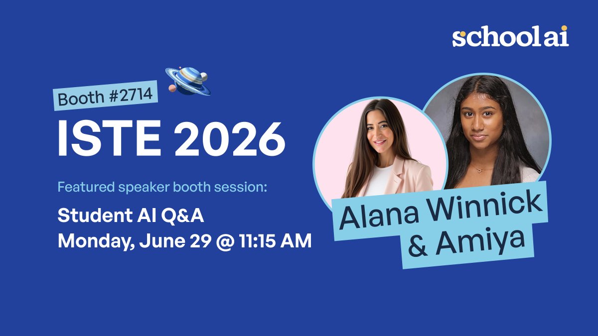 GetSchoolAI's tweet photo. 🎤 Catch Amiya and Alana Winnick (@AlanaWinnick) at #ISTELive26!

Join us at Booth 2714 for:

📚 Student AI Q&A
📅 Monday, June 29
⏰ 11:15 AM

Stop by to hear directly from students as they share their experiences, perspectives, and insights about AI in education.

Grateful to @SamsungBizUSA for helping power our booth presence at ISTELive 26.

#ISTELive26 #EdTech #AIinEducation #SchoolAI #withSchoolAI #SamsungBusiness
