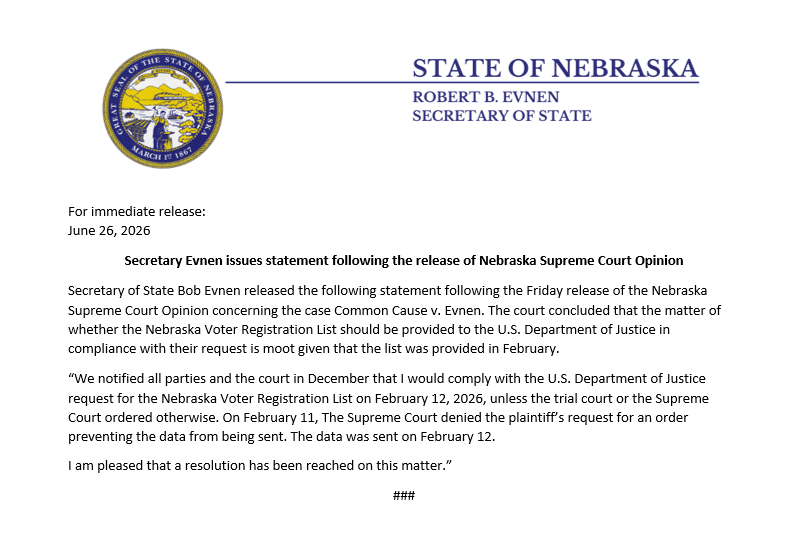 NE Secretary of State Robert Evnen tweet media