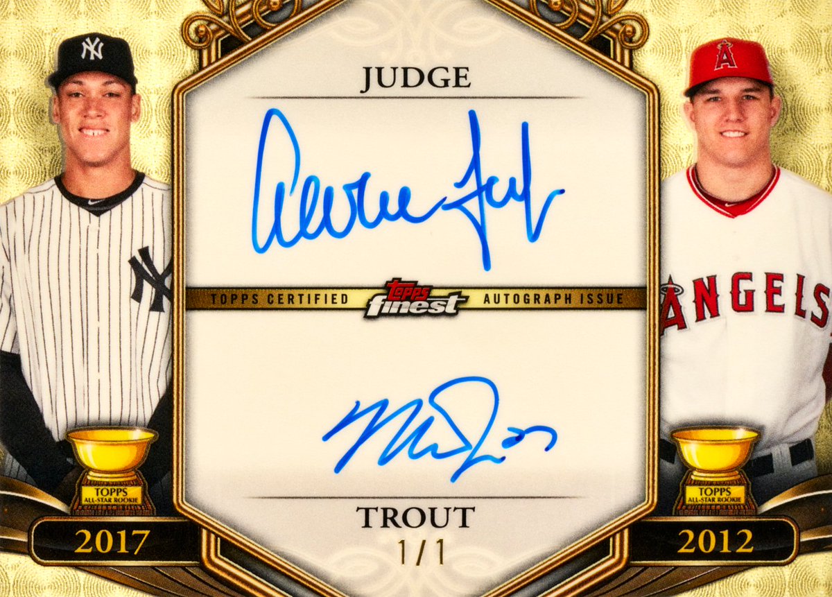 Topps's tweet photo. FIRST LOOK: Mike Trout &amp; Aaron Judge dual autograph in Topps Finest Baseball https://t.co/4Jghksp0J1