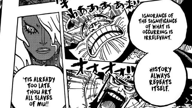 3SkullJoe's tweet photo. #ONEPIECE1186 

Sengoku: "The "D" always follows a checkered fate."

Imu: "Never forget. Elbaf is "D."

Sengoku: "Harald's an honest well-meaning man. He wants to change Elbaf's history."

Imu: "History always repeats itself."

Sengoku knows a whole lot more than he let's on. https://t.co/FtHs1JuYJd