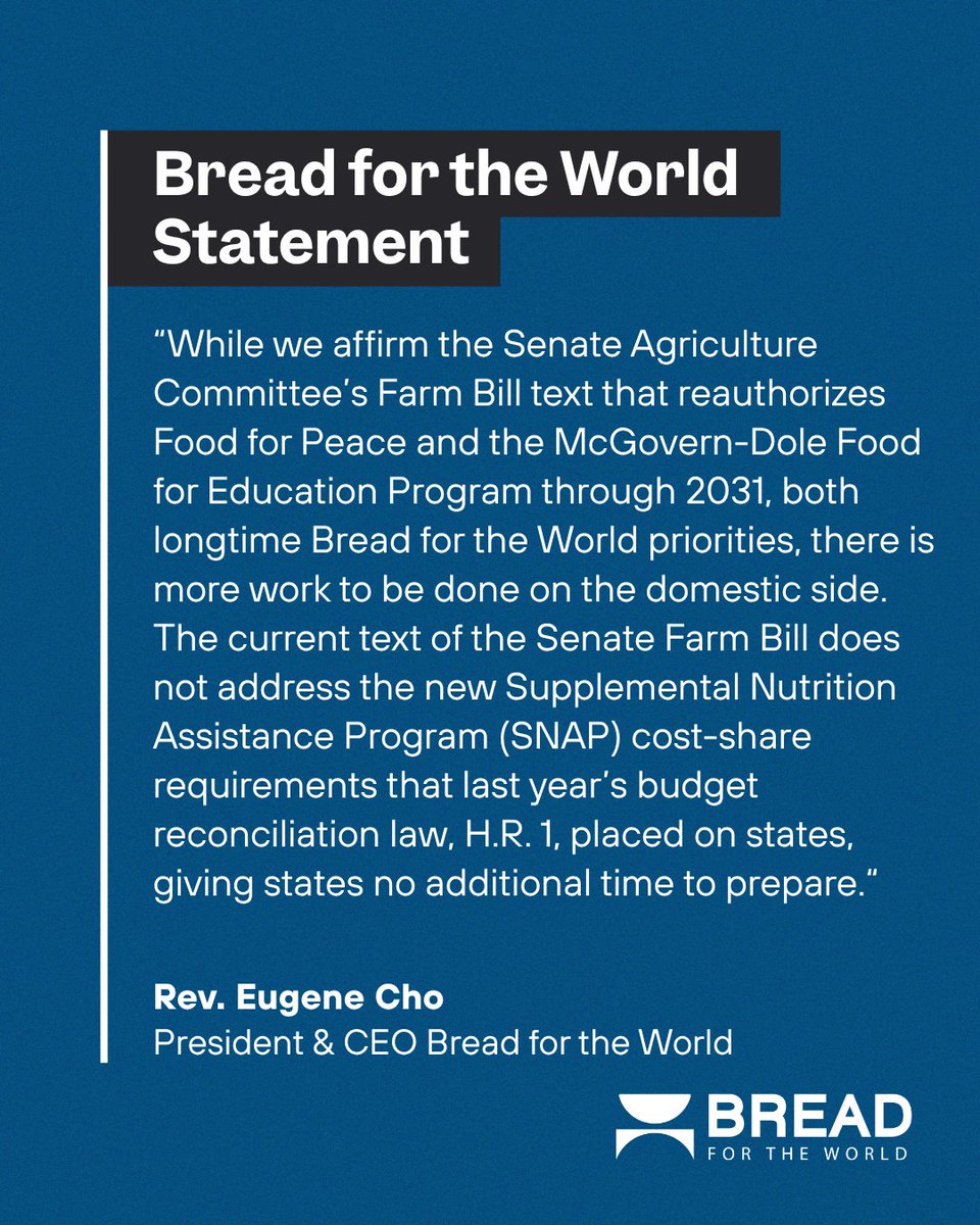 bread4theworld's tweet photo. As the Senate Agriculture Committee moves to markup, we are hopeful that there will be an opportunity to include a cost-share delay that extends more time to more states to prepare without disrupting food access for the children, seniors, veterans, and families who depend on SNAP.

We urge lawmakers from both parties to act with clarity and mercy as they undertake these important negotiations.

Read the full statement: https://t.co/80M3iBZq43