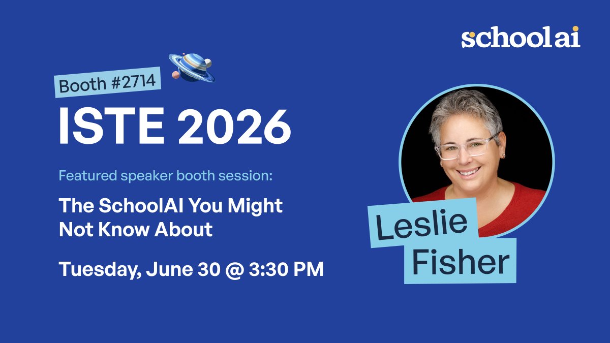 GetSchoolAI's tweet photo. 🎤 Catch Leslie Fisher (@lesliefisher) at #ISTELive26!

Join us at Booth 2714 for:

📚 The SchoolAI You Might Not Know About
📅 Tuesday, June 30
⏰ 3:30 PM

Stop by to learn, connect, and discover practical ideas you can bring back to your classroom, school, or district.

Add this session to your ISTELive schedule and make plans to visit us at Booth 2714!

#ISTELive26 #EdTech #AIinEducation #SchoolAI #withSchoolAI