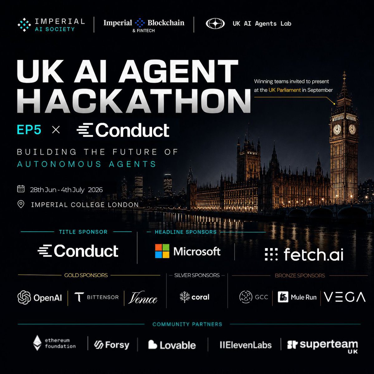 fetch_ai_IL's tweet photo. Build your next agentic innovation using https://t.co/l1HUXjxQEG’s cutting-edge tech (and present it at the UK Parliament in September) 🚀 

Join the UK AI Agent Hackathon at @imperialcollege London (28 June - 4 July 2026), and get world-class mentorship from @Fetch_ai for FREE throughout the week. Let’s bring your ideas to life and make the world a more autonomous place.

👋  Have a question or need support? Ask our custom-made Agent: https://t.co/iqjjkkBbif

@WSana81 @iclblockchain