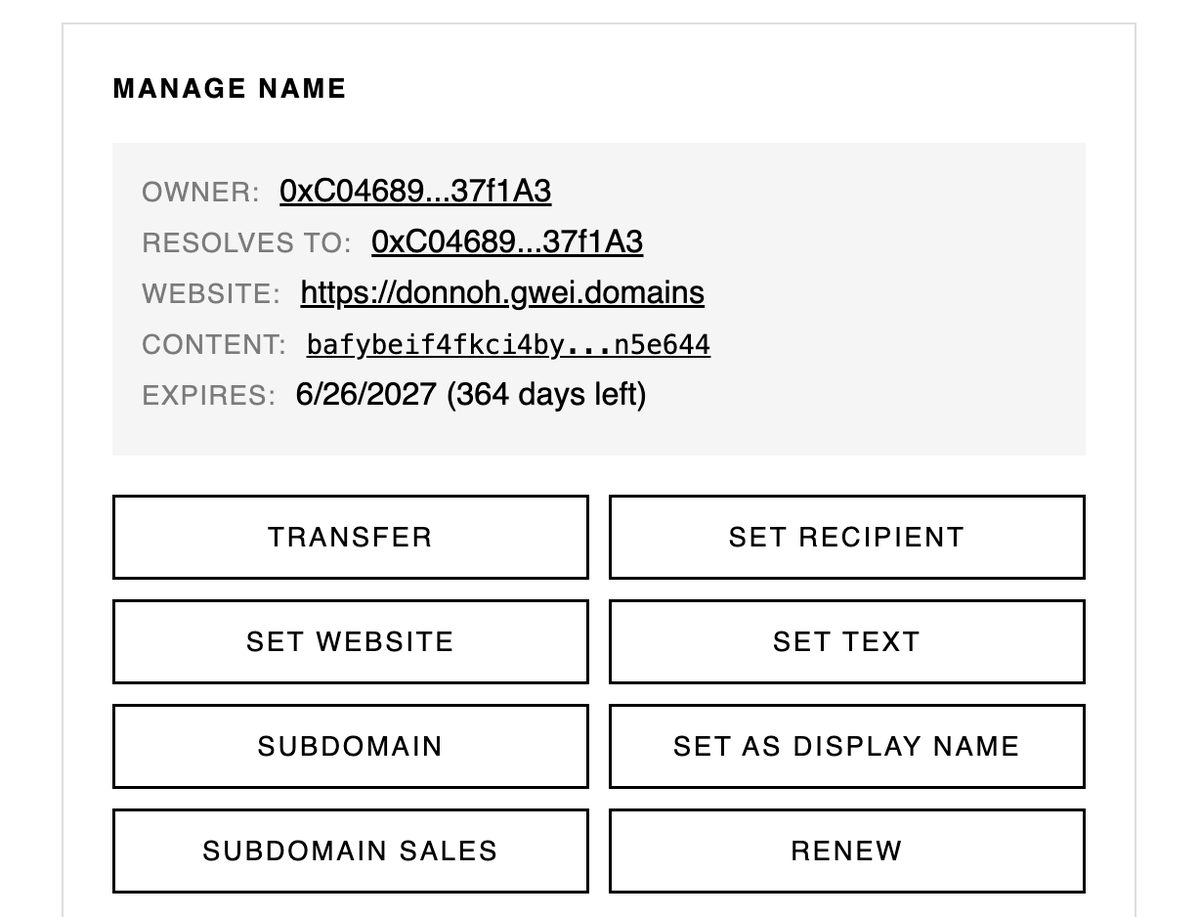 donnoh_eth's tweet photo. the domains support all ens features including registering a ipfs website that can be visited at <name>.gwei.domains. for example, see https://t.co/9Z1J9GTFq8 https://t.co/jQ31oQvedW