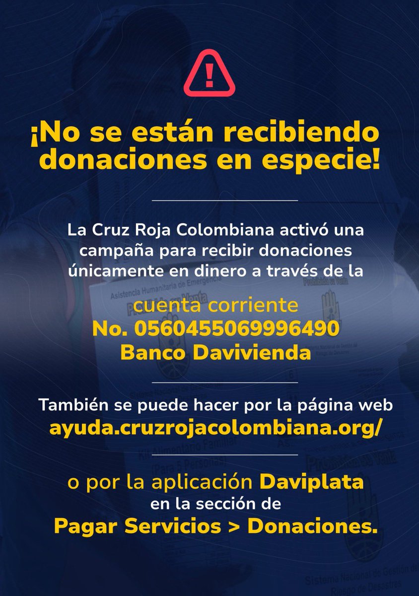 MigracionCol's tweet photo. Nuestros hermanos venezolanos nos necesitan. 

Si quieres contribuir, la Cruz Roja Colombiana habilitó unos canales para recibir las donaciones exclusivamente en efectivo. 

✅  https://t.co/4dE0JqlDeq

✅ Cta. Cte. Davivienda No. 0560455069996490 y 

✅ App Daviplata https://t.co/6D9W2e2JuR