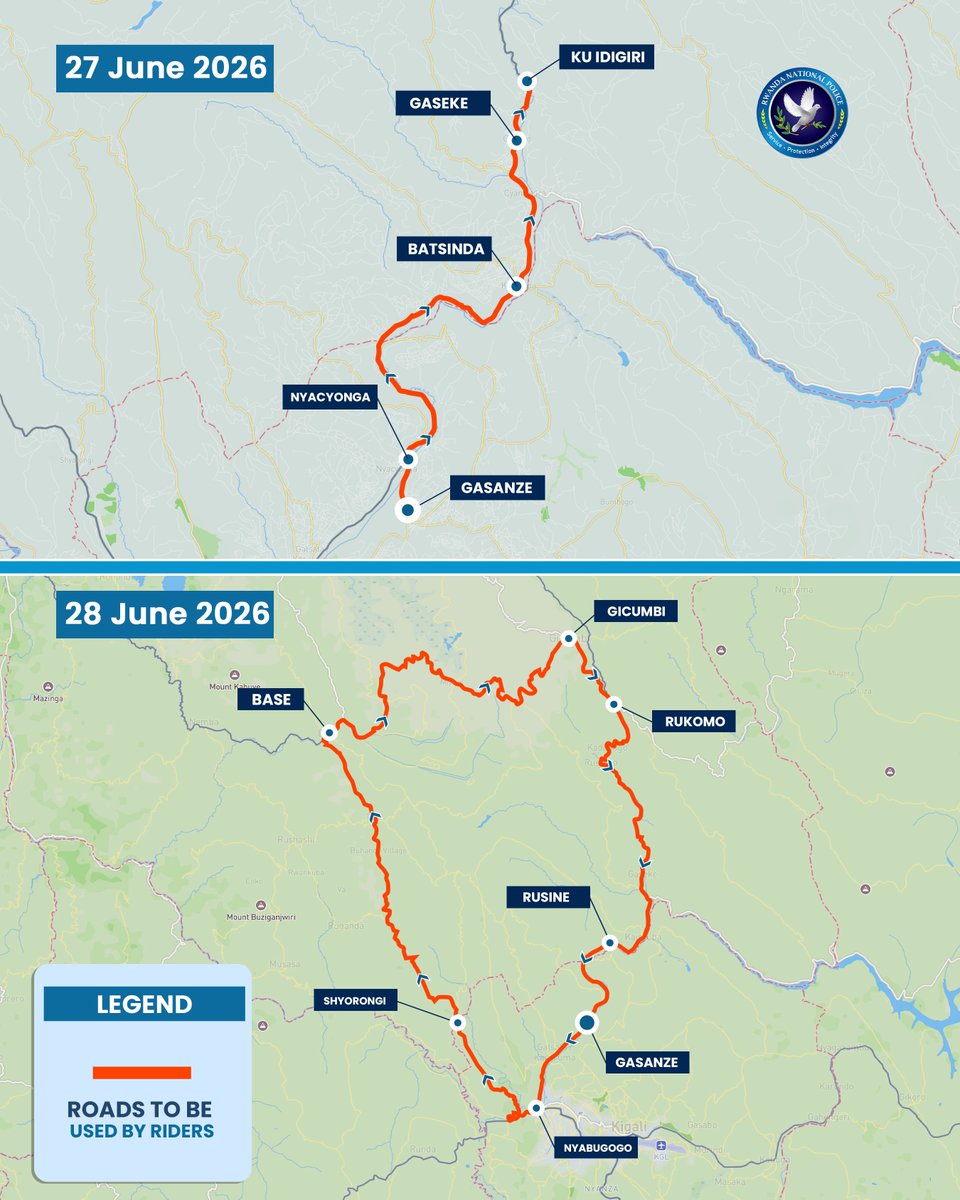 Rwandapolice's tweet photo. Uko imihanda izakoreshwa muri “Rwanda National Cycling Championship 2026" ejo tariki 27 kugeza 28 Kamena 2026.

——————————

Traffic Advisory for the “Rwanda National Cycling Championship 2026” scheduled to take place from tomorrow 27-28 June 2026.
#TurindaneTugereyoAmahoro https://t.co/JmAMSWjwII