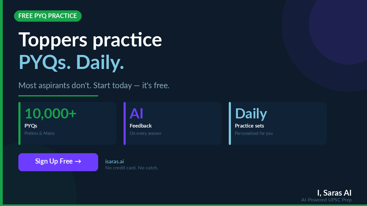 ISaras_AI's tweet photo. Toppers practice PYQs. Daily.
Most aspirants don't. That's the gap.
→ 10,000+ UPSC Previous Year Questions

→ AI feedback on every answer

→ Daily practice sets, personalised for you
Sign up free on I, Saras AI 👇
