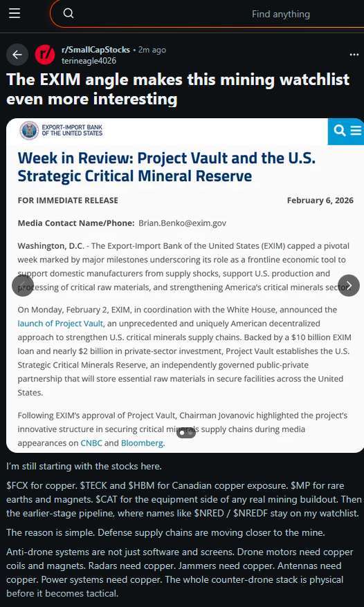 AhmedSA9548405's tweet photo. THE CRITICAL-MINERALS TRADE IS TURNING INTO A GOVERNMENT-CAPITAL STORY.

Project Vault brings a $10B EXIM loan plus about $1.67B in private-sector capital. The U.S. Army selecting Titan Mining and REalloys for processing sites sends the same message: Washington wants mineral supply closer to defense and industry.

China controls around half of global refined copper, roughly 90% of rare-earth processing, and about 90% of permanent magnet production.

That is the bottleneck.

Now look at $NRED / $NREDF.

NovaRed has Ed Kostenski on its Advisory Board. 
He brings 40+ years across mining equipment, infrastructure, project finance, logistics, energy and global resource-sector development. 
In 2005, he was appointed by the U.S. 
Export-Import Bank to its Sub-Saharan Africa Advisory Committee.

That is exactly the kind of experience that matters when critical minerals become industrial policy.

NFA

$AMD $DTAN $DRAM $ETH $QQQB $MU $LINK