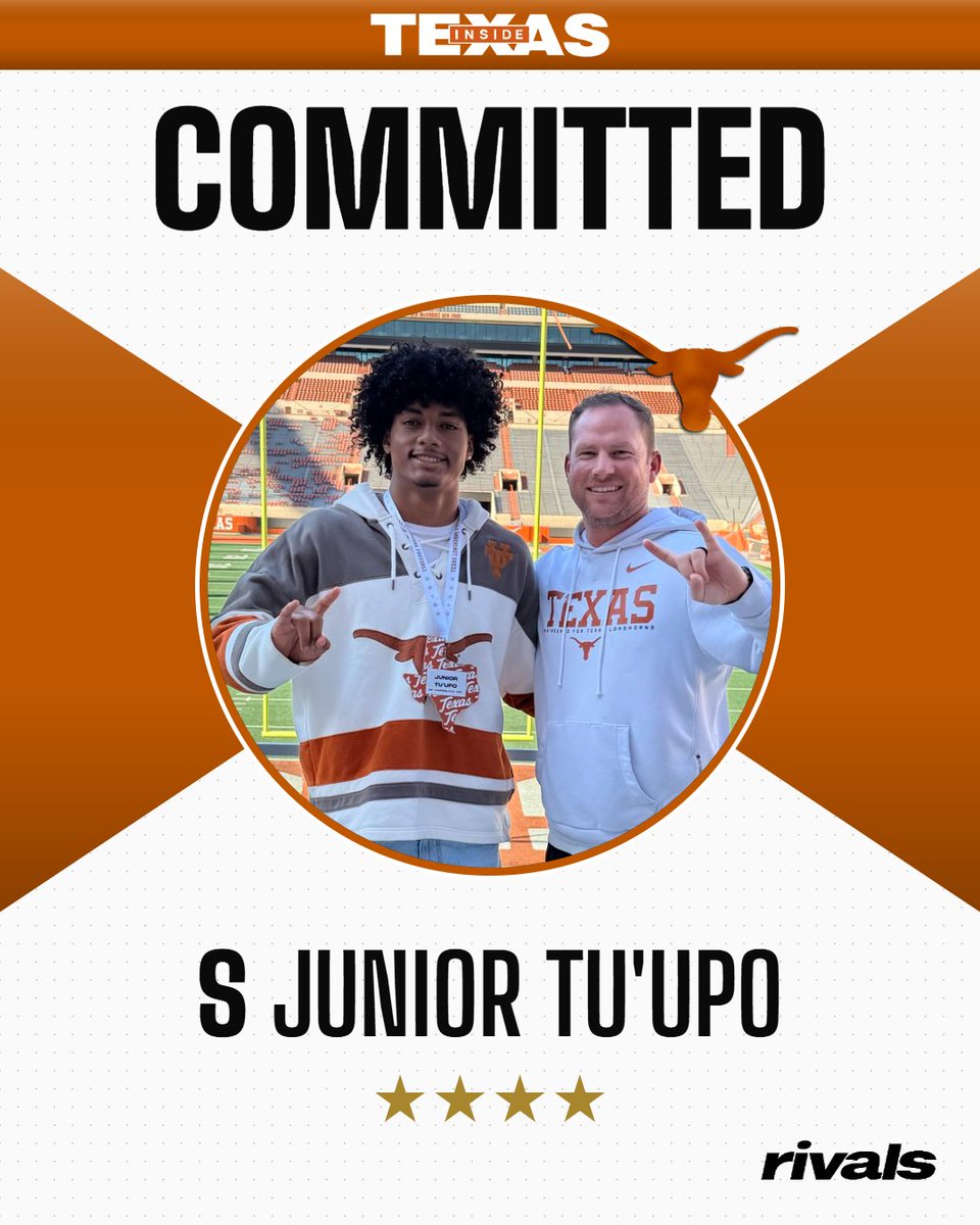 InsideTexas's tweet photo. TU'UPO TO TEXAS!

4-star S Junior Tu'upo has committed to Texas over Alabama, Auburn, Indiana, and Oregon!

Texas gets a pledge from one of the most versatile DBs in the 2027 class!

STORY (FREE): https://t.co/Y61z29z3Dx https://t.co/ZdXvtmYBb0