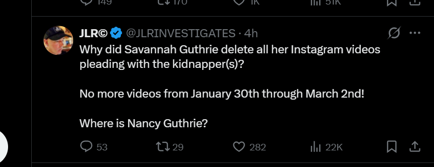 CrystolShari's tweet photo. @JLRINVESTIGATES This was in my feed but I can't see it and the replies.  Did you delete it?  Are her posts gone?  Confused! https://t.co/M56v3CmQ32