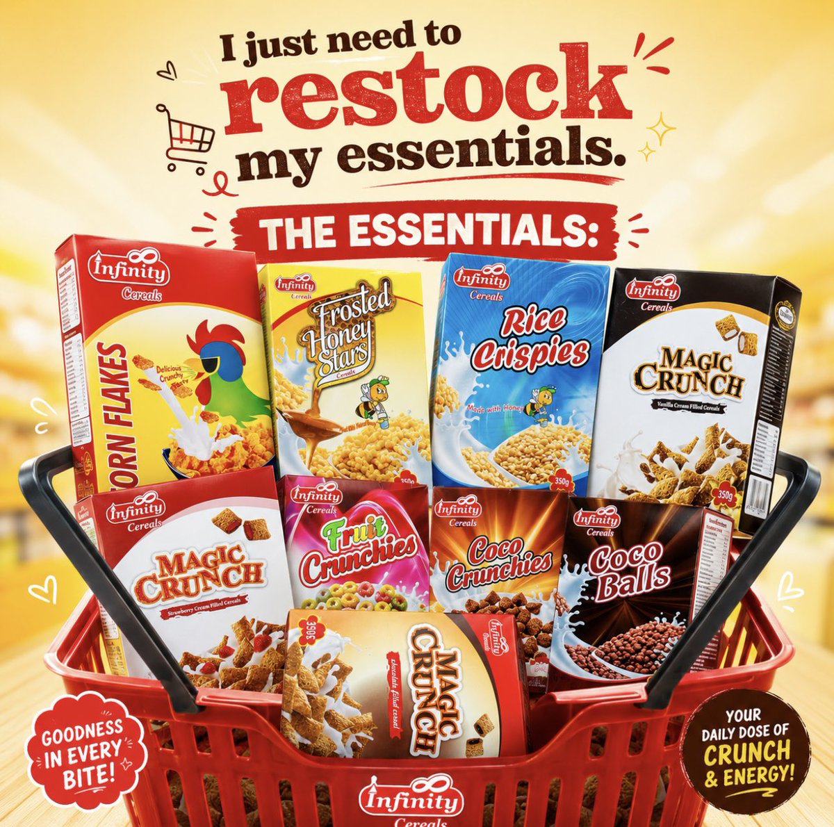 Infinityfoodsng's tweet photo. Salary week 🤝🏽 Restock season.

Your pantry deserves a little treat too. 🛒🥣

Which Infinity cereal is making it into your basket first?
🌽 Corn Flakes
🍫 Coco Balls
🍓 Fruit Crunchies
✨ Magic Crunch

Tell us 👇 https://t.co/13GPcebyZY