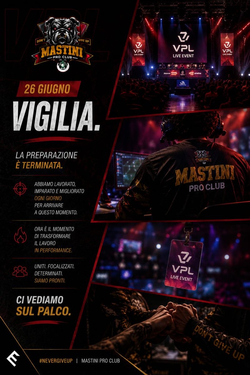 MST_evergreen's tweet photo. 🔥 IL MOMENTO È ARRIVATO. 🔥

Mesi di lavoro, allenamenti, sacrifici e crescita ci hanno portato fin qui.

Ogni partita, ogni errore, ogni vittoria è stata un passo verso questo momento.

📅 26 Giugno – VIGILIA

La preparazione è finita.
Ora si sale sul palco con un solo obiettivo: dare tutto.

Siamo uniti.
Siamo concentrati.
Siamo pronti a rappresentare i nostri colori.

Ci vediamo sul palco. 💪🐺

#MastiniProClub #VPL #Esports #NeverGiveUp #Gaming #RoadToVictory #TeamWork #CompetitiveGaming #ForzaMastini
#VPLFinal8Napoli2026