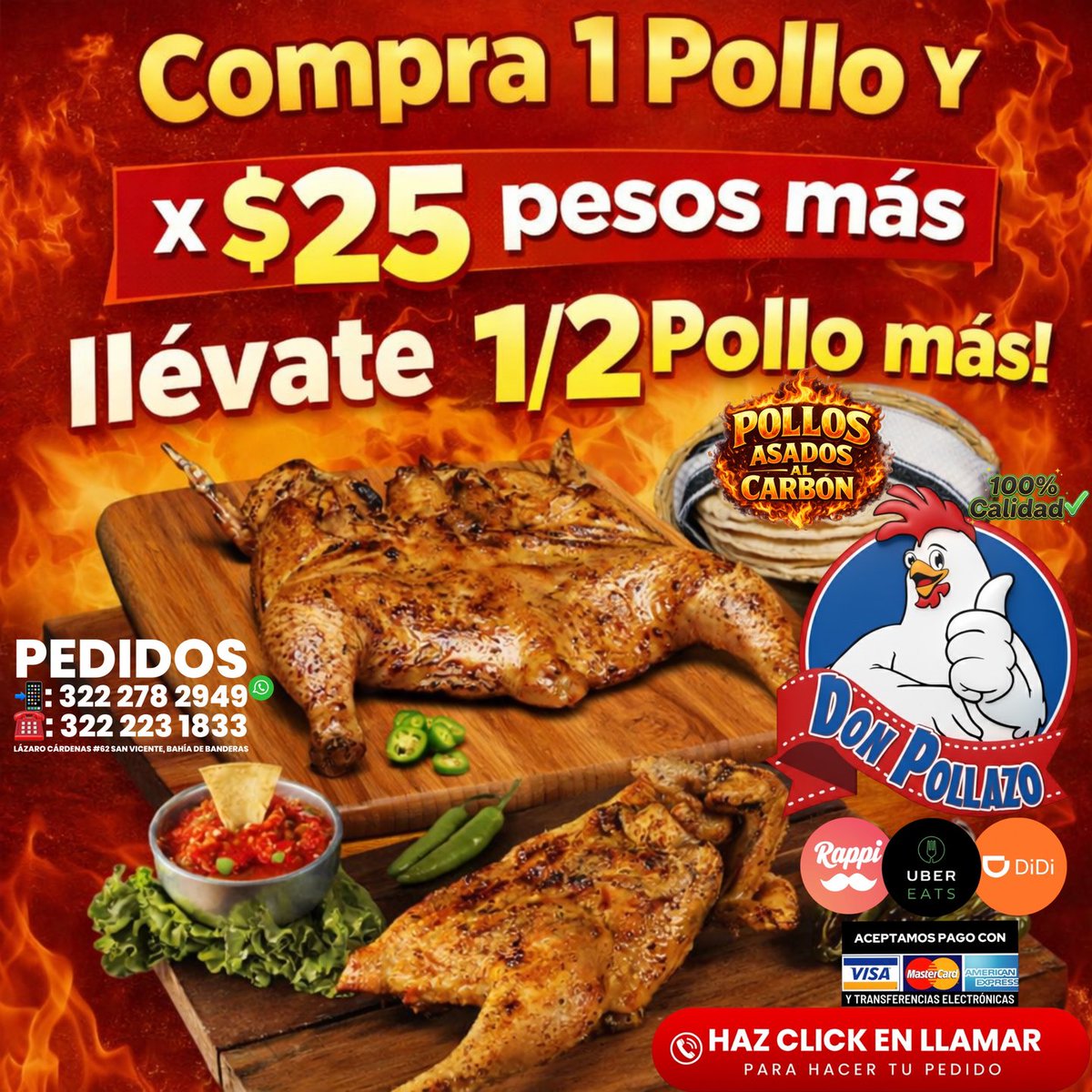 DPollazo's tweet photo. ‼️POLLOS ASADOS AL CARBÓN‼️♨️Tortillas a Mano♨️Compra 1 Pollo+$25 y LLÉVATE 1/2 Pollo Más♨️PAKETES con Complementos a elegir♨️PROMO MARTES🔴Suc.San Vicente📲:3222782949☎️: 322 223 1833 #BahiadeBanderas #Nayarit #PuertoVallarta #Vallarta #servicioadomicilio #polloasado #badeba #pv https://t.co/NOcmFDVEIC