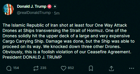 Hoaroha128's tweet photo. Just in: Trump is calling Iran’s move a ‘foolish violation’ of the ceasefire after they shot down four attack drones near ships in the Strait of Hormuz. https://t.co/8exJiXMbCY