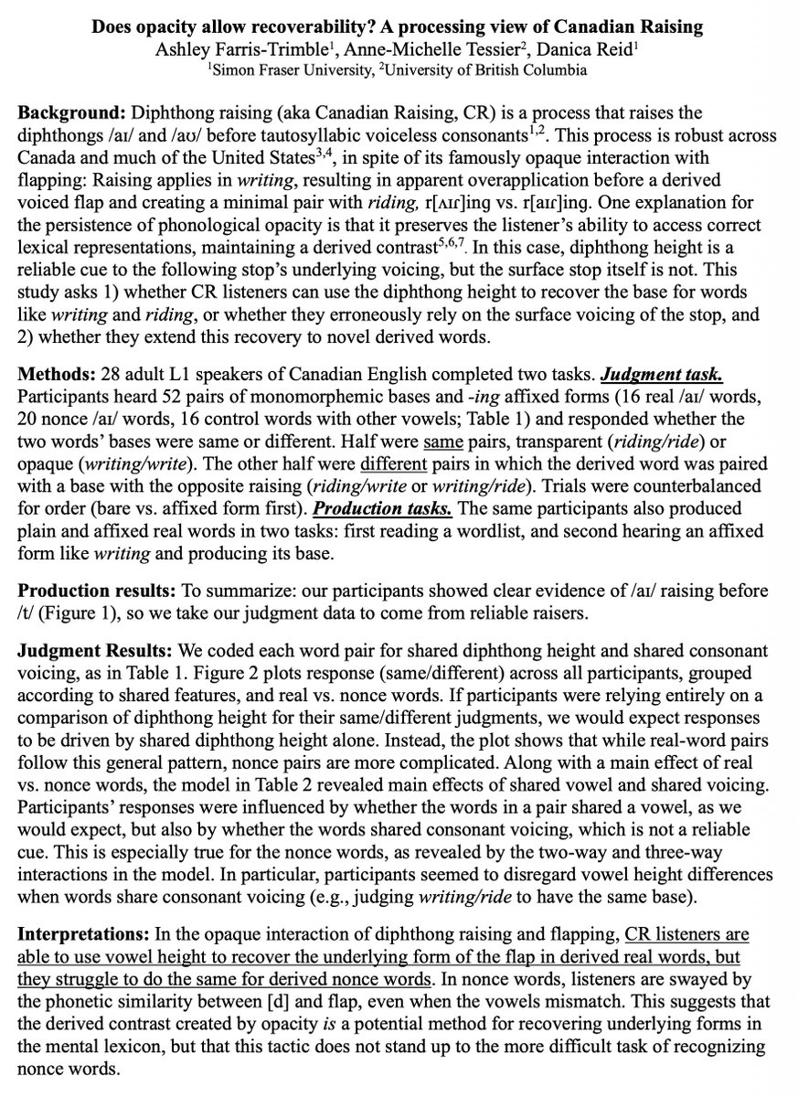 phono_logical's tweet photo. “Does opacity allow recoverability? A processing view of Canadian Raising” by Ashley Farris-Trimble, Anne-Michelle Tessier and Danica Reid (June ’26) https://t.co/GasWezWuVw 
Cool study/results. Betteridge’s law holds for nonce words. #LabPhon20 https://t.co/OLE9NaCGaH