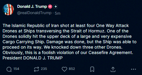 desoky_96's tweet photo. Big news: President Trump is calling out Iran for a "foolish violation" of the ceasefire deal. Iran just fired at least four attack drones at ships in the Strait of Hormuz. This is getting tense again. https://t.co/uq97HcLJXX