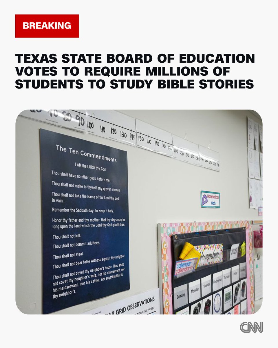 CNN's tweet photo. The Texas State Board of Education has approved a proposal that will establish lists of required reading — including biblical stories and Bible verses — for its K-12 English and literature curriculum. https://t.co/6aa9IDFtzT https://t.co/yId1hk0WGw