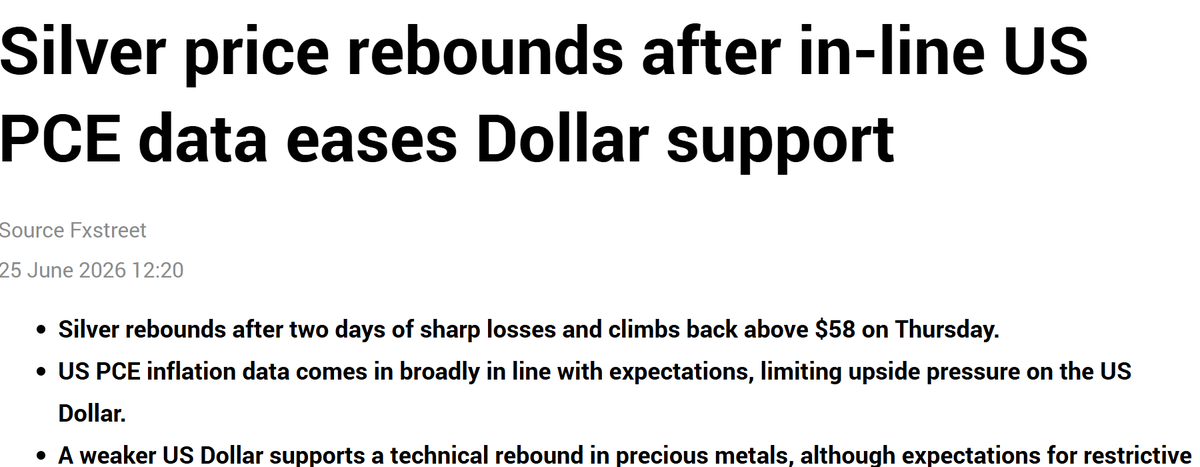 IntlStacker's tweet photo. 🚨Silver Reclaims $59 After PCE Inflation Report!🪙

👉Silver surged more than 2%, climbing back above the key $59 level after today's U.S. PCE inflation report came in close to expectations!

👉With no major upside inflation surprise, the U.S. dollar eased, giving precious metals room to rebound after this week's sharp selloff.

👉But the bigger question is... Was this the start of a sustainable recovery—or just a relief rally before the next move lower?

🦀 Crustacean Nation: Silver is back above $59!
📈Is the correction over?
📉Or do you expect one more flush before the next leg higher?

👇 Drop your target below!
*Not financial advice. Stay stacked!

👉Full story: https://t.co/paHSim3eZP