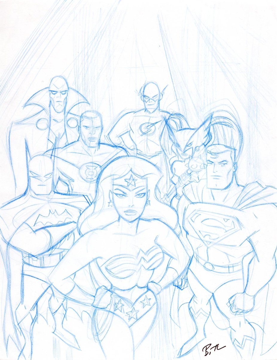 worldsfinest's tweet photo. The Justice League ... from start to finish! Check out this great piece of art, from sketch to its final form, by producer Bruce Timm for "Justice League." The art pictured here was used to promote the beloved cartoon during its run on Cartoon Network! #JusticeLeague #BruceTimm https://t.co/IzJt84aEla